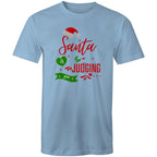 Santa Is Judging You - Mens T-Shirt Carolina Blue Mens Christmas T-shirt Christmas Printed In Australia