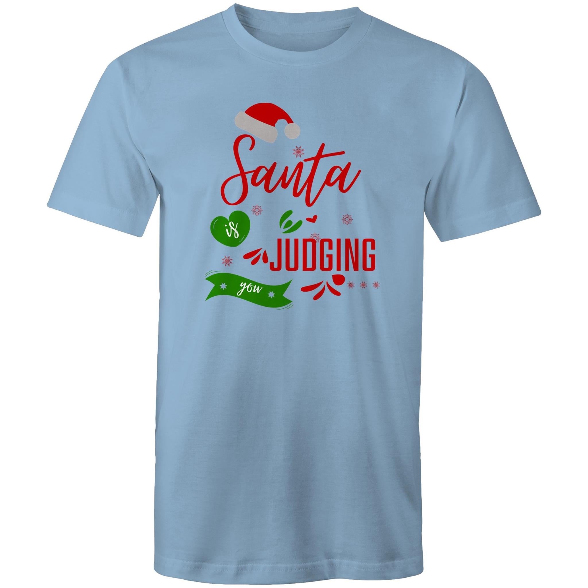 Santa Is Judging You - Mens T-Shirt Carolina Blue Mens Christmas T-shirt Christmas Printed In Australia