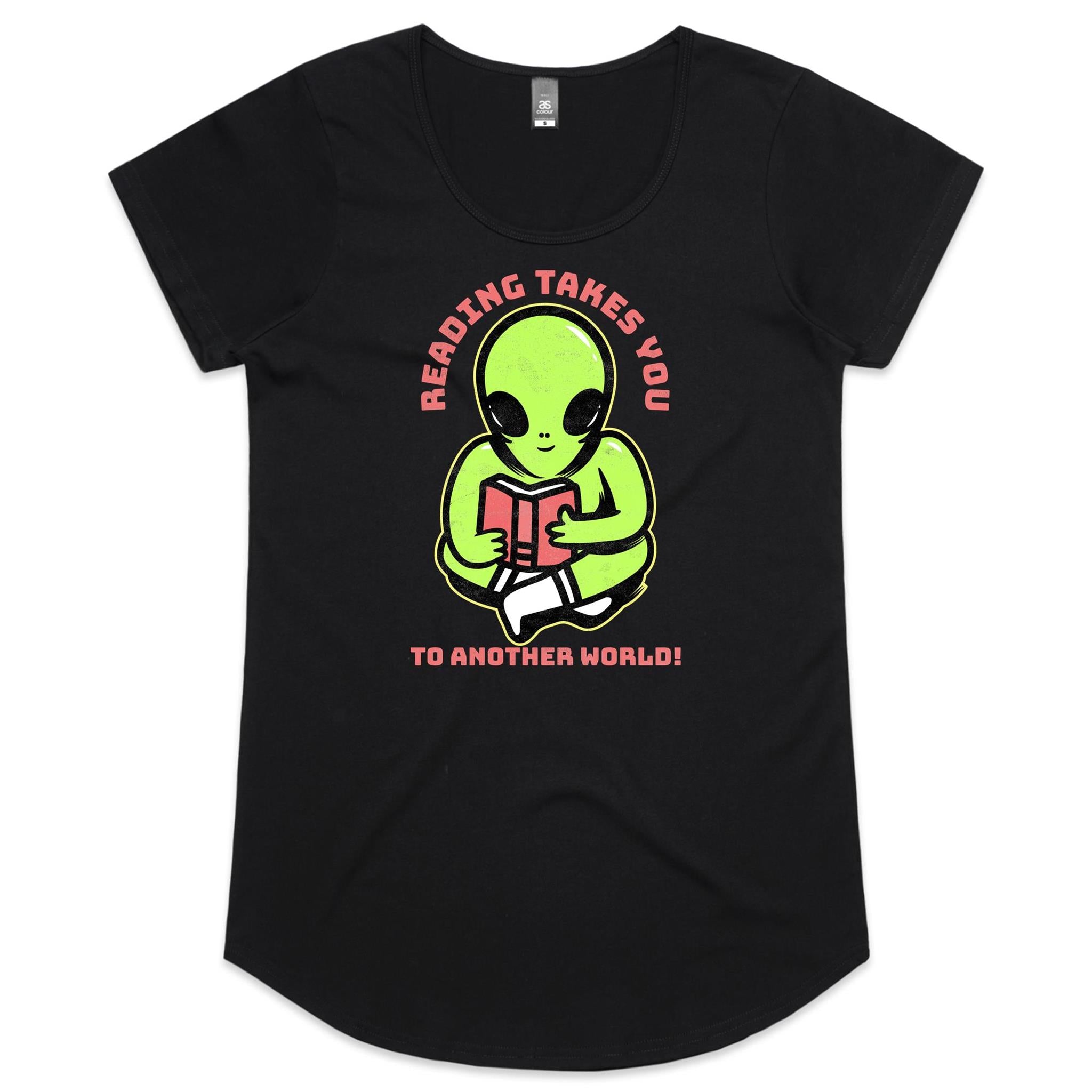 Reading Takes You To Another World, Alien - Womens Scoop Neck T-Shirt Black Womens Scoop Neck T-shirt Printed In Australia Reading Sci Fi