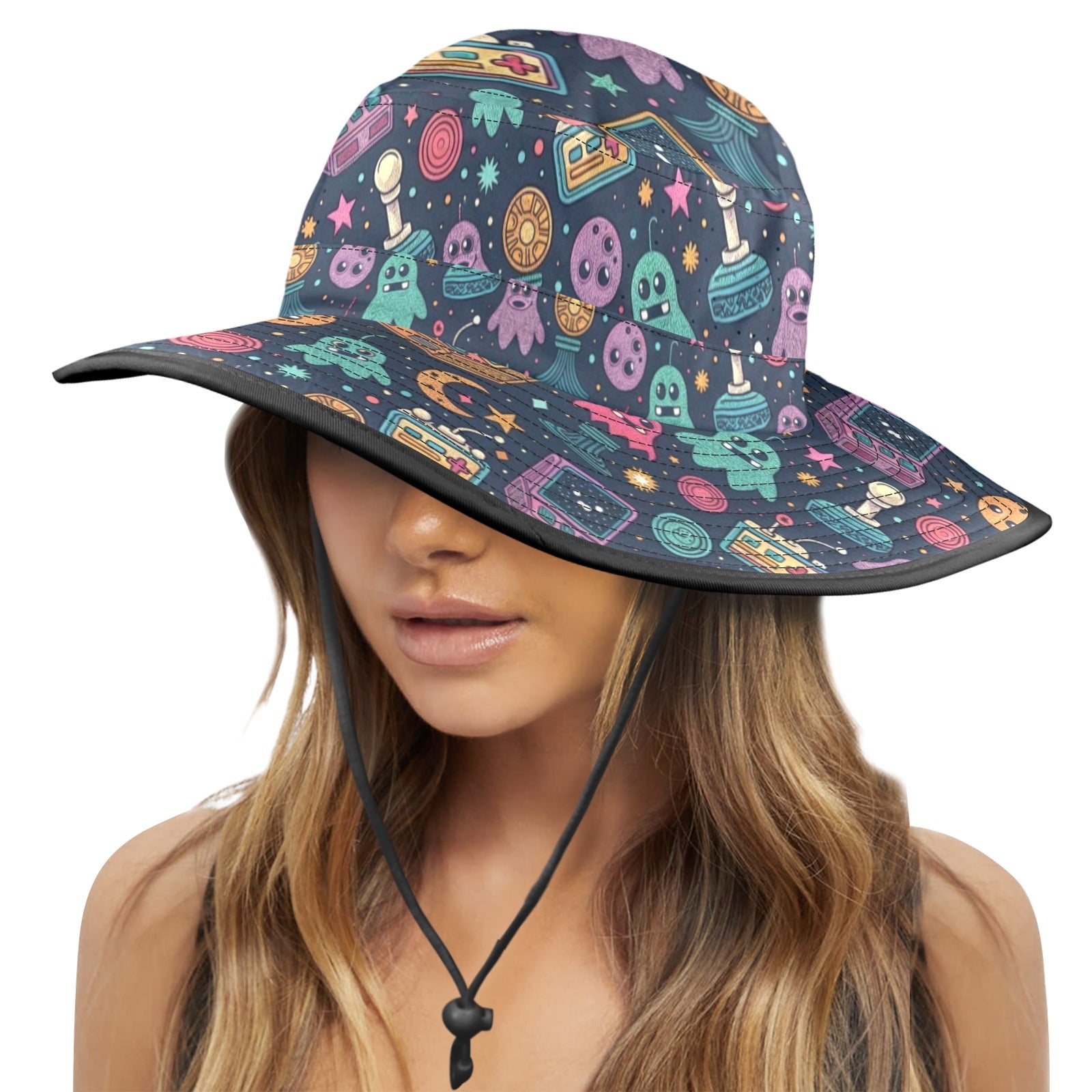 Space Arcade Wide Brim Bucket Hat Wide Brim Bucket Hat Games Printed Offshore Retro