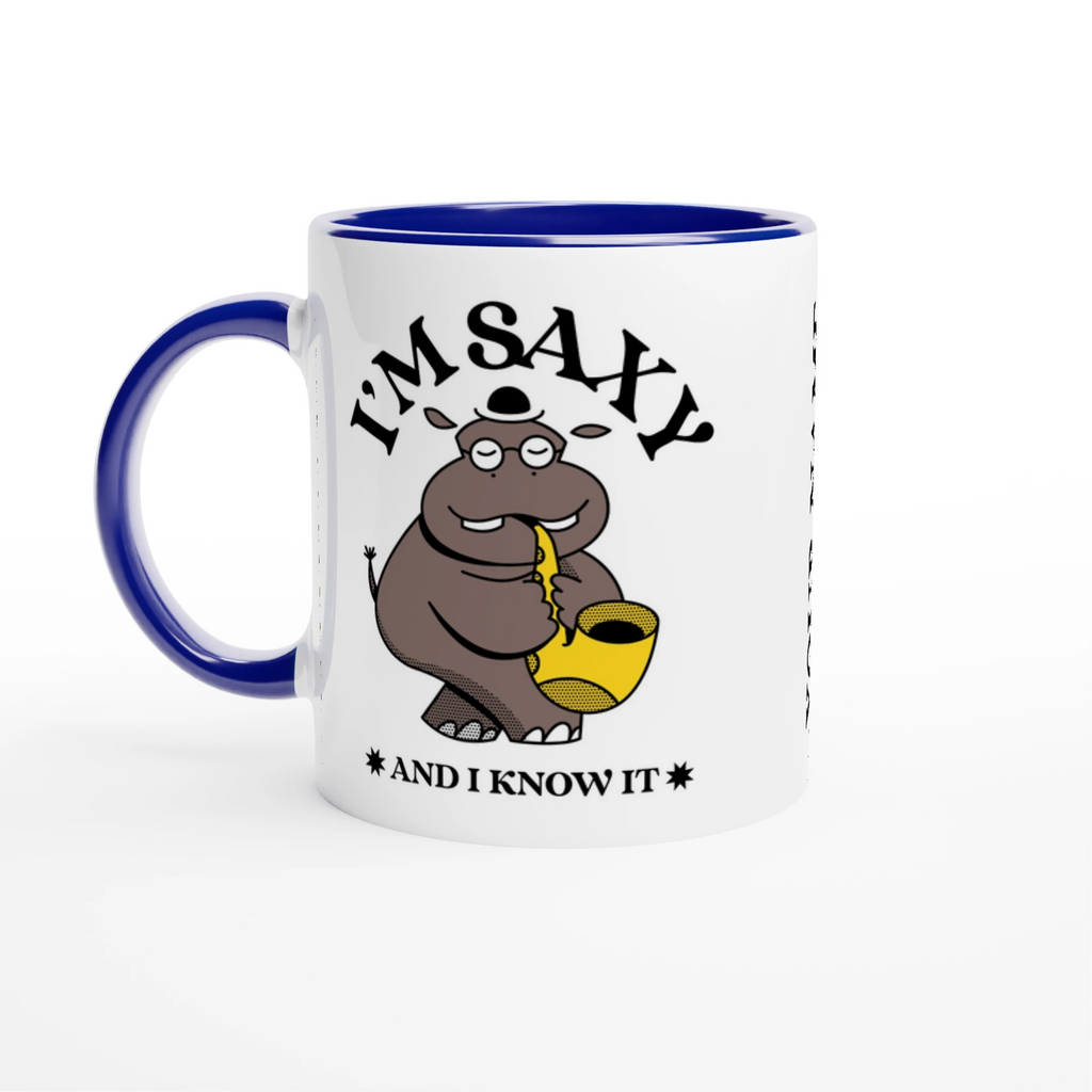 Personalised - I'm Saxy And I Know It, Saxophone Hippo - White 11oz Ceramic Mug with Colour Inside Ceramic Blue Personalised 11oz Mug animal customise Globally Fulfilled Music personalise