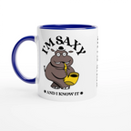 Personalised - I'm Saxy And I Know It, Saxophone Hippo - White 11oz Ceramic Mug with Colour Inside Ceramic Blue Personalised 11oz Mug animal customise Globally Fulfilled Music personalise