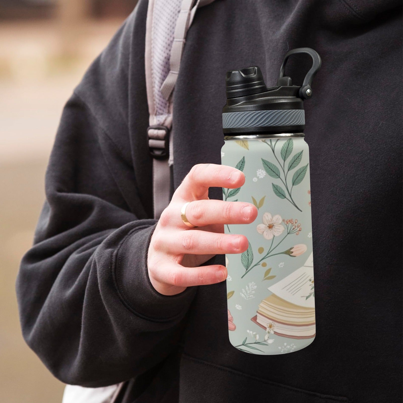 Books And Flowers In Green - Insulated Water Bottle with Dual-Use Lid (18oz) Insulated Water Bottle with Dual-Use Lid (18oz) Plants Printed Offshore Reading