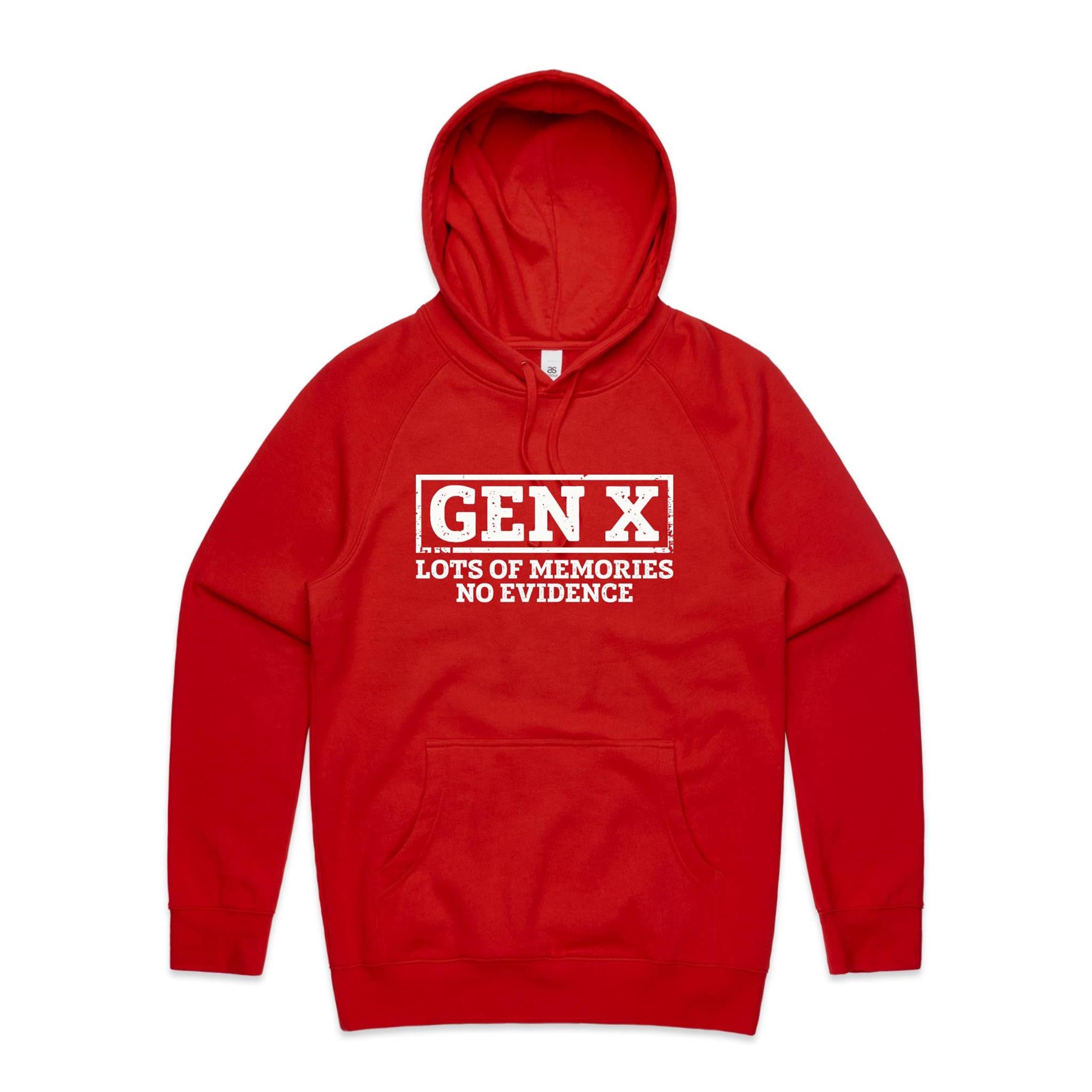 Gen X, Lots Of Memories, No Evidence Men's AS Colour Hoodie Red Mens Hoodie Printed In Australia