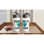 Just Keep It Clean, Planet Earth - White 15oz Stainless Steel Travel Mug Travel Mug Environment Globally Fulfilled