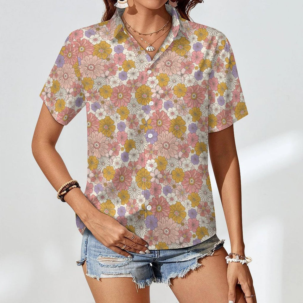 Faded Floral Women's Collared Pocketless Short Sleeve Shirt