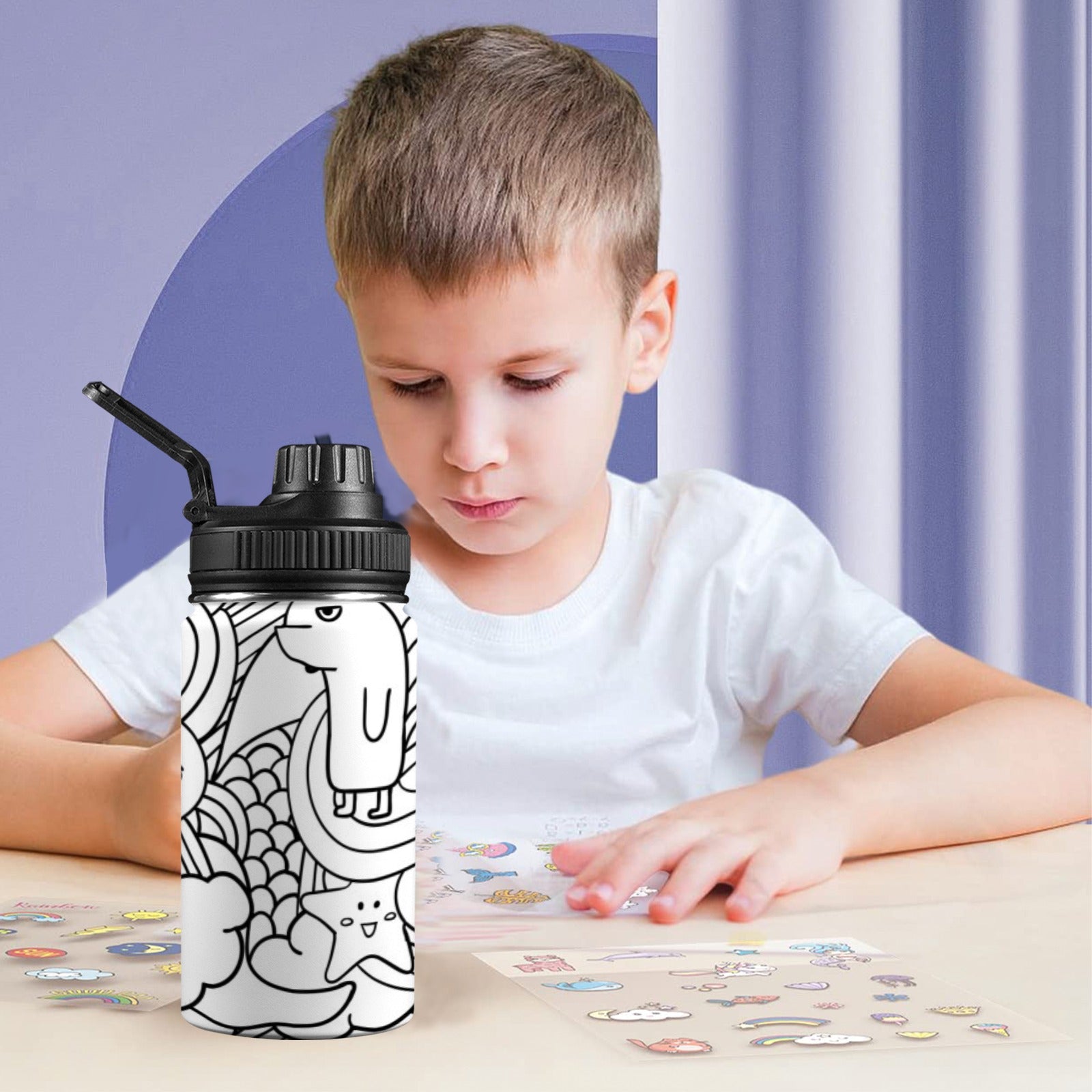 Black And White Creatures - Kids Water Bottle with Chug Lid (12 oz) Kids Water Bottle with Chug Lid Printed Offshore Sci Fi