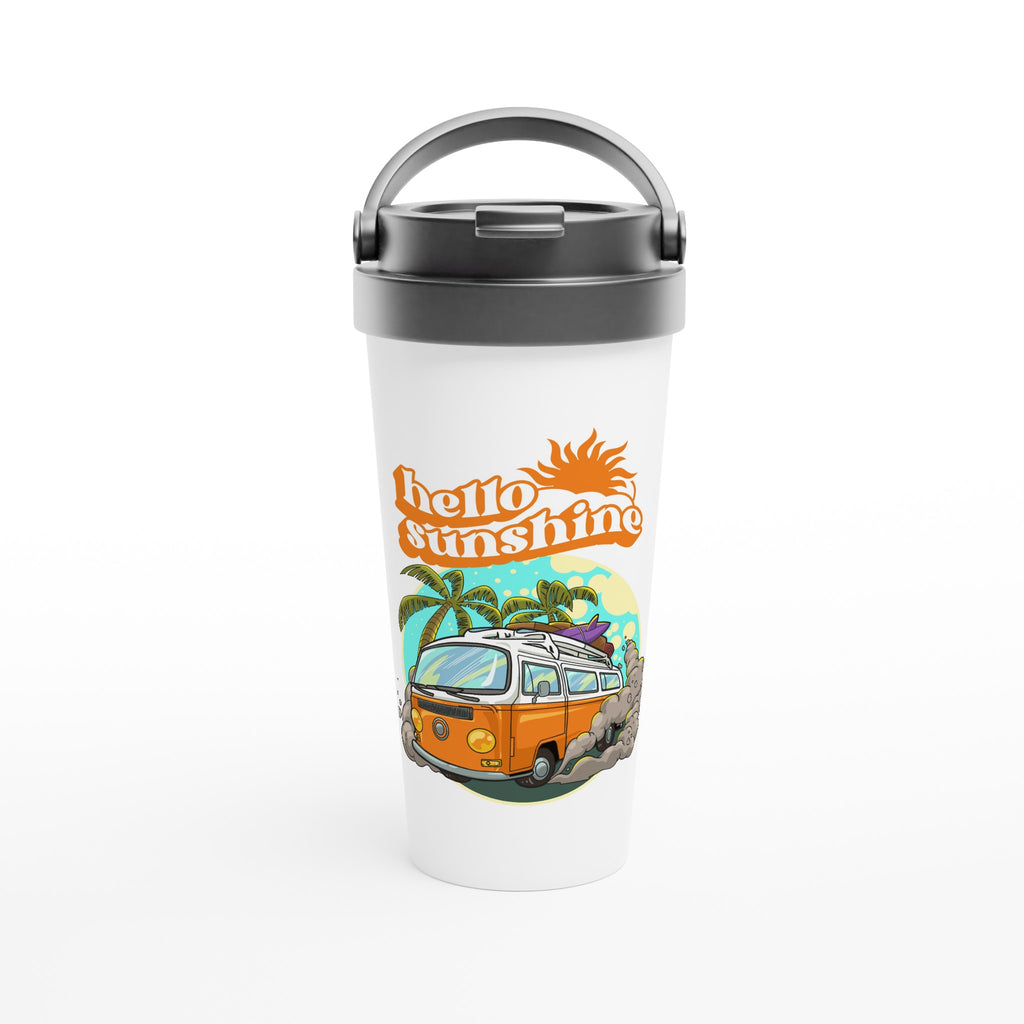 Hello Sunshine, Beach Van - White 15oz Stainless Steel Travel Mug Default Title Travel Mug Globally Fulfilled Retro Summer Surf
