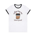 Coffee Has Me Feline Good - Women's Ringer Tee White Black Womens Ringer T-shirt animal Coffee Printed In Australia