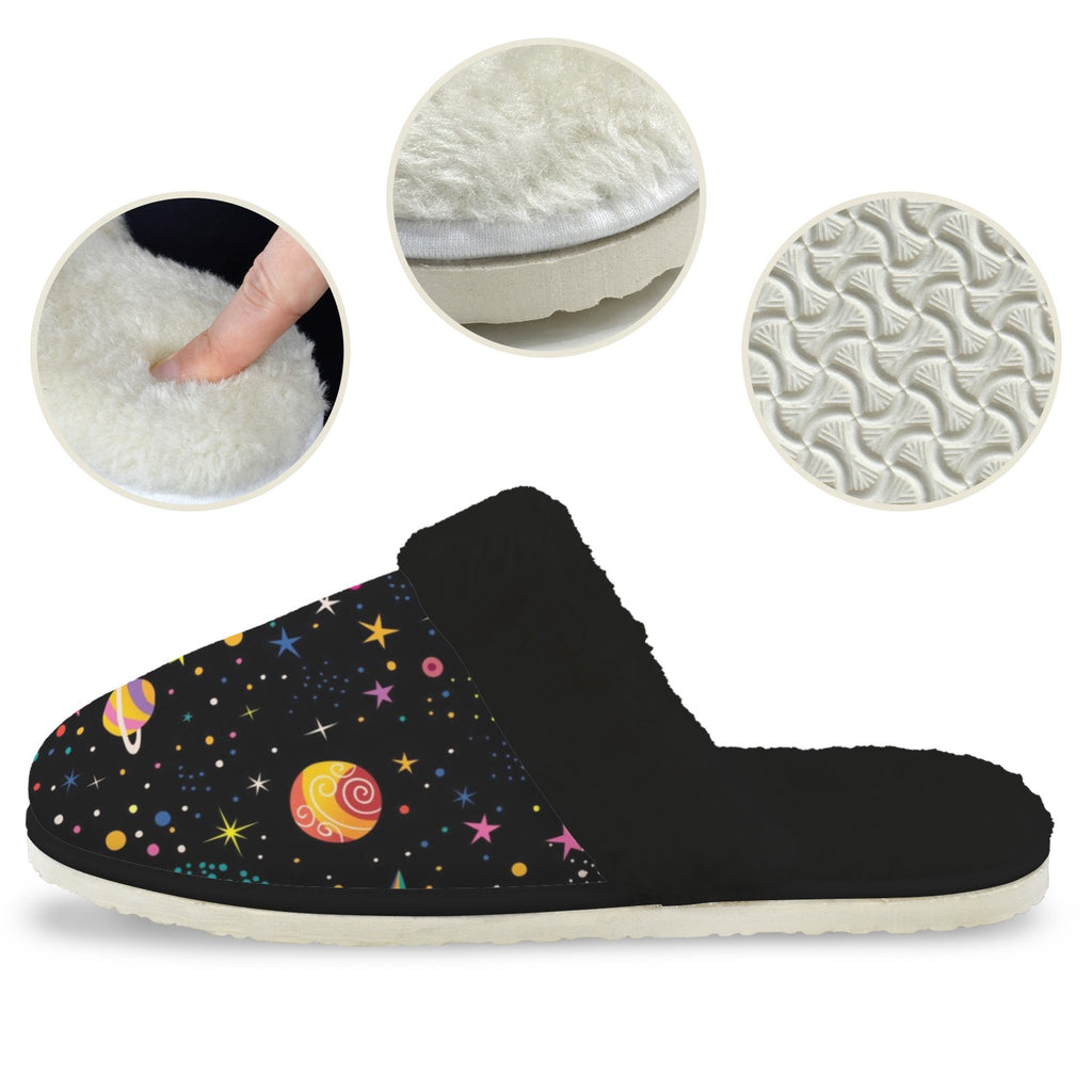 Space Men's Fur Trim Thick-Sole Indoor Slippers Men's Fur Trimmed Slippers Printed Offshore Space
