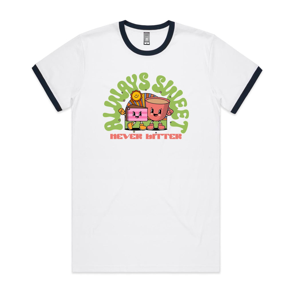 Always Sweet, Never Bitter, Coffee And Cake - Staple Ringer Tee White Navy Ringer T-Shirt Coffee Food Printed In Australia
