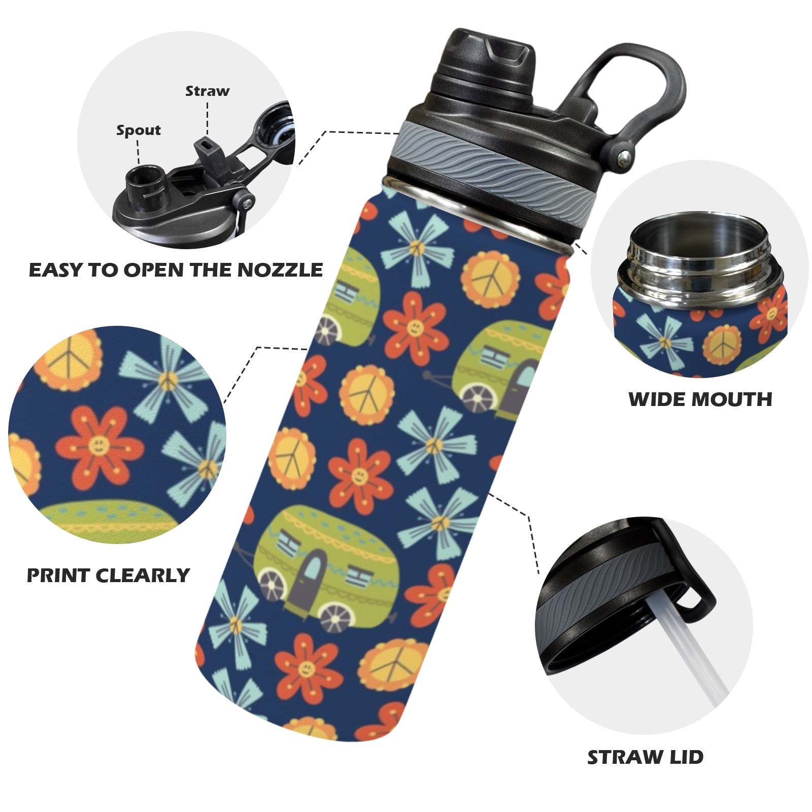 Hippy Caravan - Insulated Water Bottle with Dual-Use Lid (18oz) Insulated Water Bottle with Dual-Use Lid (18oz) Printed Offshore Retro