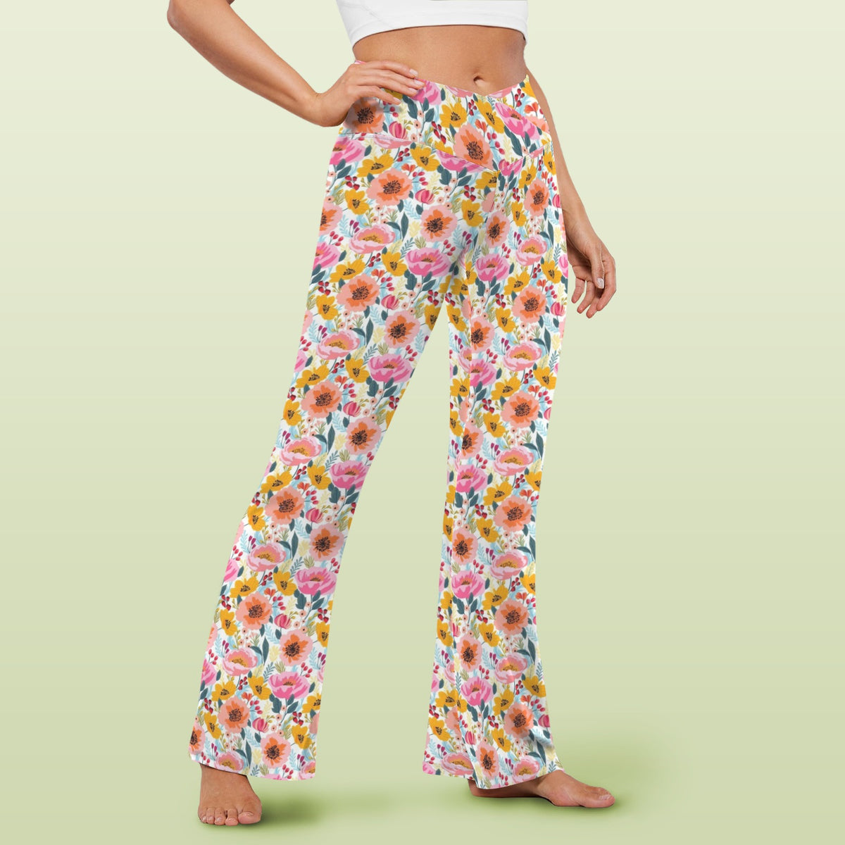 Bright And Colourful Flowers High Waist Crossover Tummy Control Flare Leggings