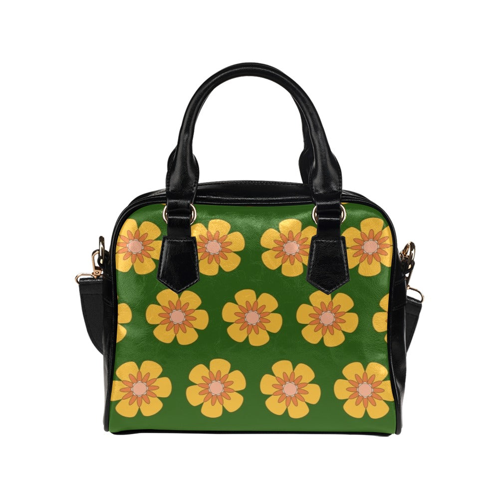 Yellow Flowers On Green Shoulder Handbag