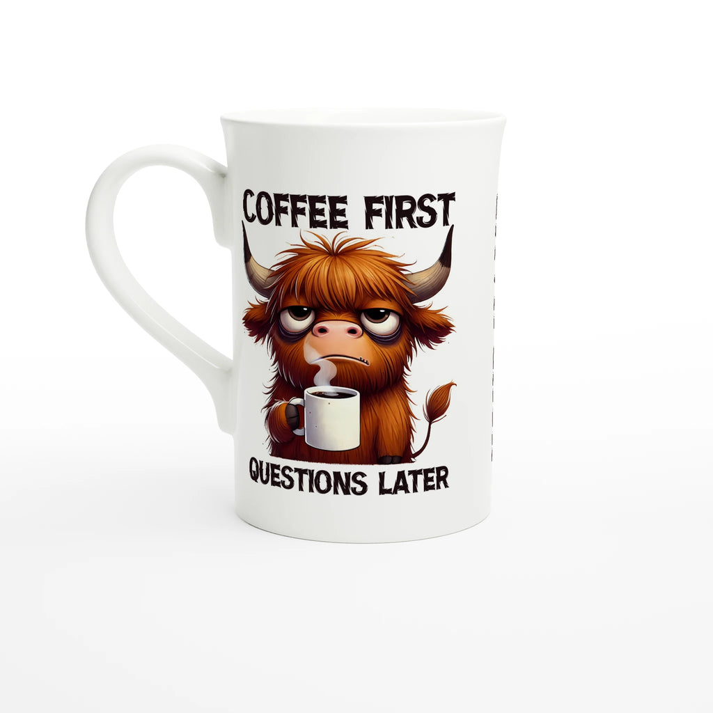 Personalise - Coffee First, Questions Later, Highland Cow - White 10oz Porcelain Slim Mug Default Title Personalised Porcelain Mug animal Coffee Globally Fulfilled