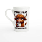 Personalise - Coffee First, Questions Later, Highland Cow - White 10oz Porcelain Slim Mug Default Title Personalised Porcelain Mug animal Coffee Globally Fulfilled