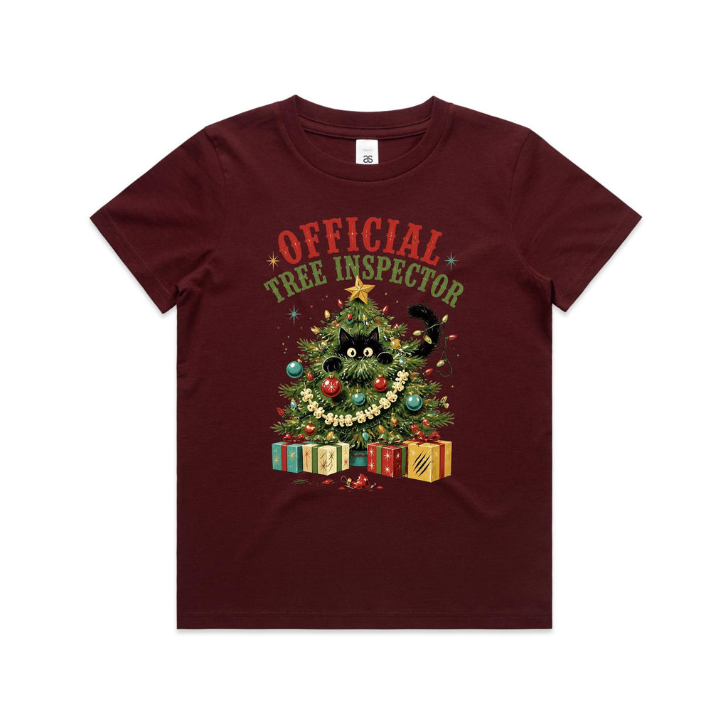 Official Tree Inspector Cat Kids Christmas T-shirt Burgundy Kids Christmas T-shirt Christmas Printed In Australia