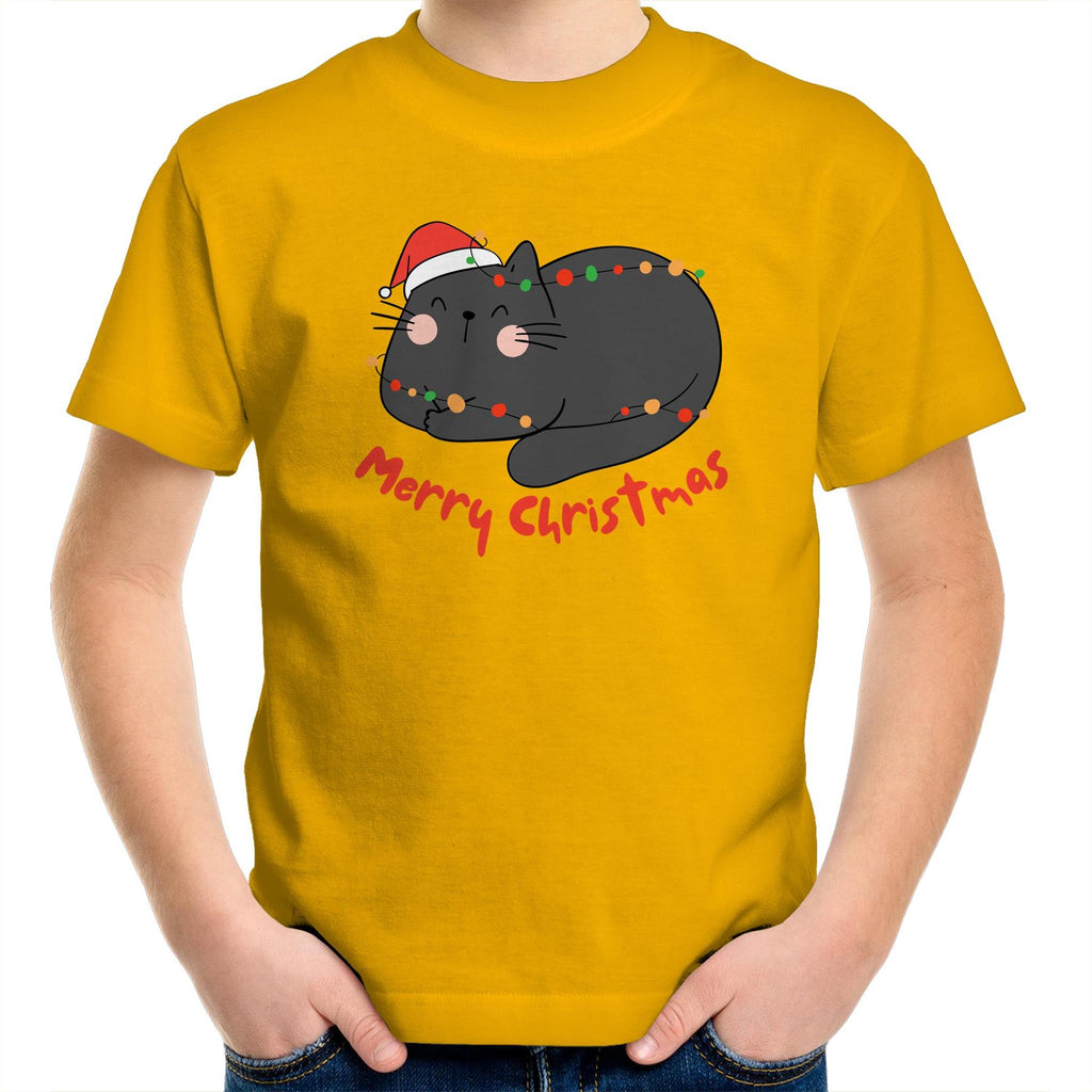 Cat Merry Christmas - Kids Youth T-Shirt Gold Kids Christmas T-shirt Christmas Printed In Australia
