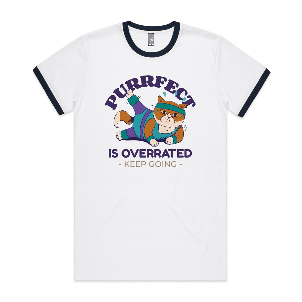 Purrfect Is Overrated, Cat - Staple Ringer Tee White Navy Ringer T-Shirt animal Printed In Australia