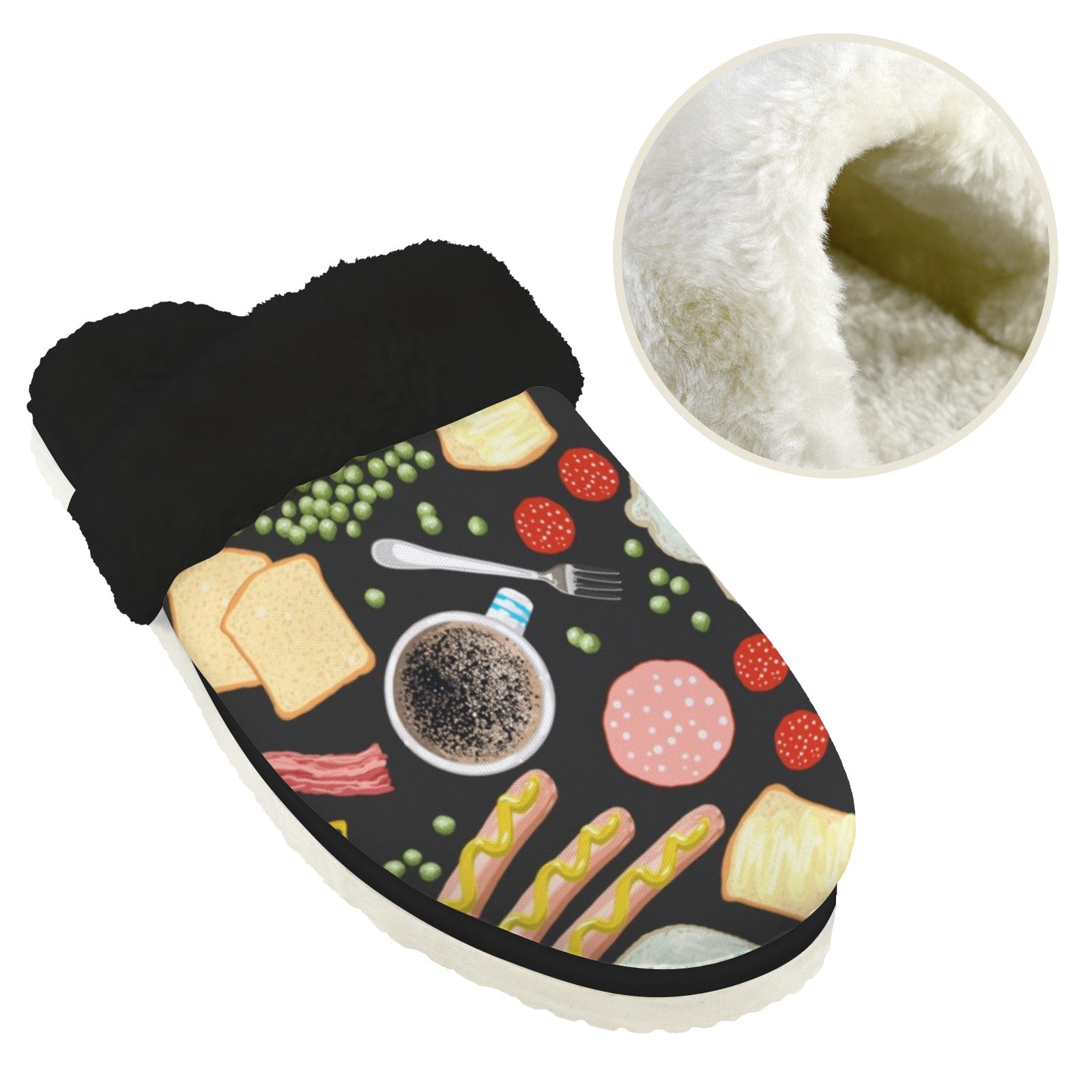 Breakfast Food Men's Fur Trim Thick-Sole Indoor Slippers Men's Fur Trimmed Slippers Food Printed Offshore