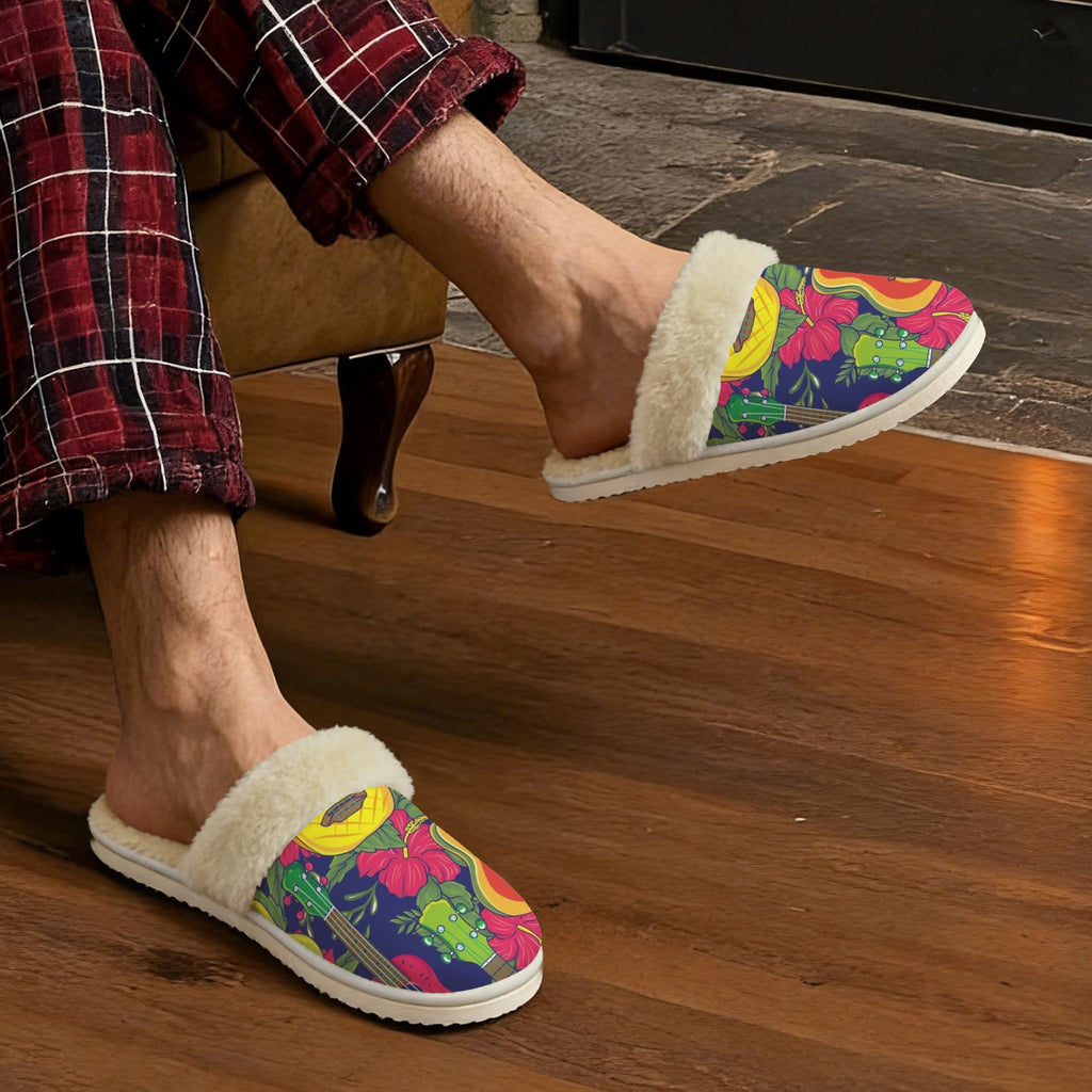 Ukulele Men's Fur Trim Thick-Sole Indoor Slippers Men's Fur Trimmed Slippers Music Printed Offshore
