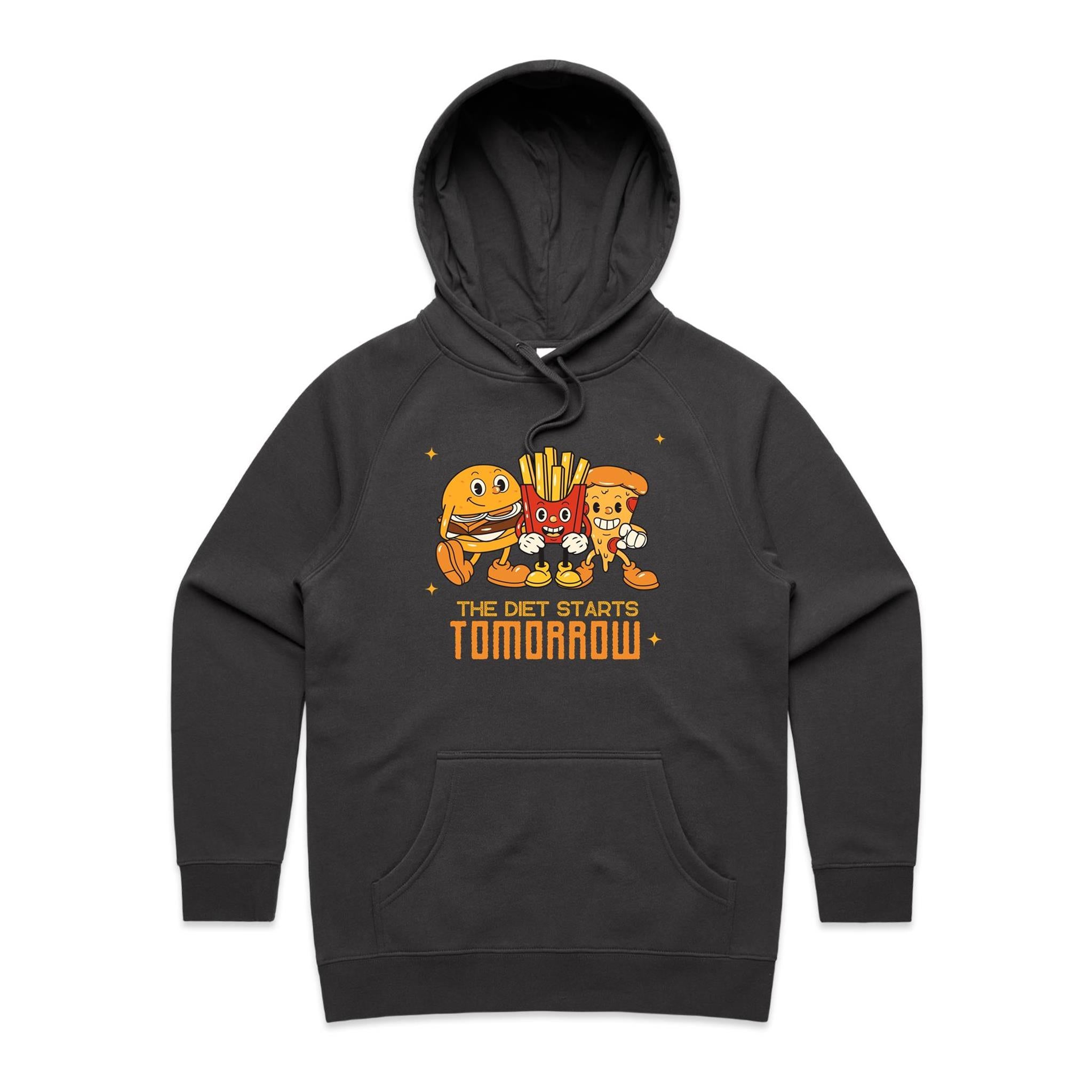 The Diet Starts Tomorrow, Hamburger, Fries, Pizza - Womens Hoodie Coal Womens Hoodie Food Printed In Australia