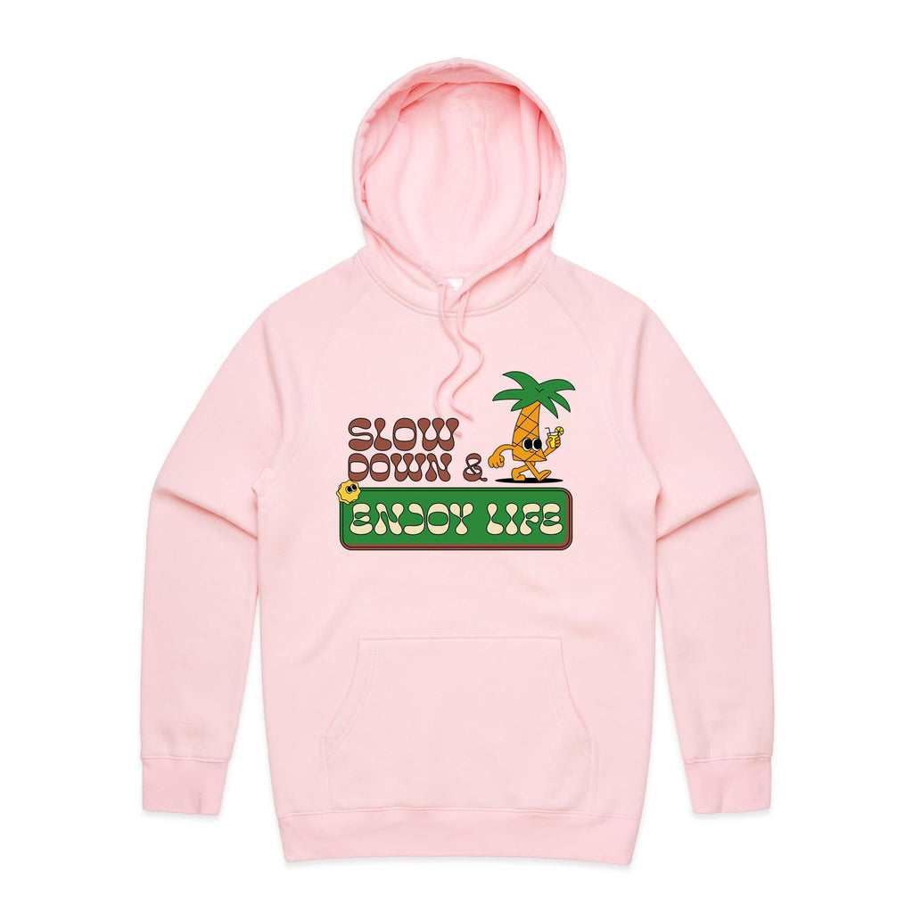 Slow Down And Enjoy Life, Palm Tree - Mens Hoodie Pink Mens Hoodie Printed In Australia Summer