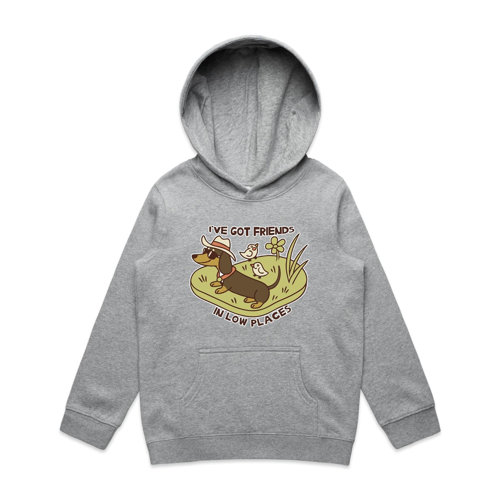 Dachshund, I've Got Friends In Low Places Kids AS Colour Hoodie Grey Marle Kids Hoodie animal Printed In Australia