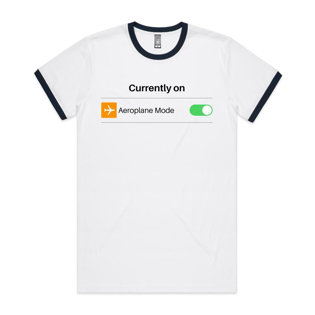 Currently On Aeroplane Mode - Staple Ringer Tee White Navy Ringer T-Shirt Printed In Australia Tech