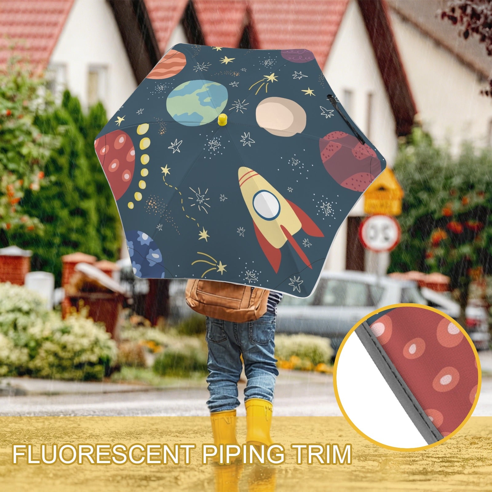 Rocket and Planets In Space Kids Safe Round Corner Umbrella Kids Safe Round Corner Umbrella Printed Offshore Space