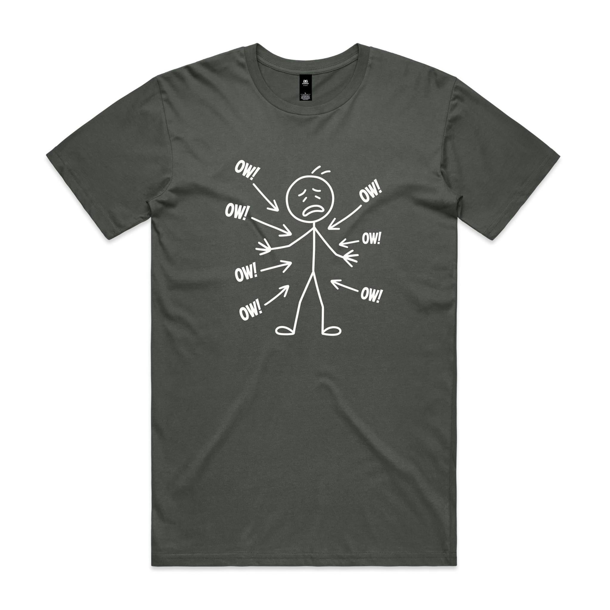 Ow! Everything Hurts Stick Figure Men's AS Colour T-shirt Charcoal Mens T-shirt Printed In Australia
