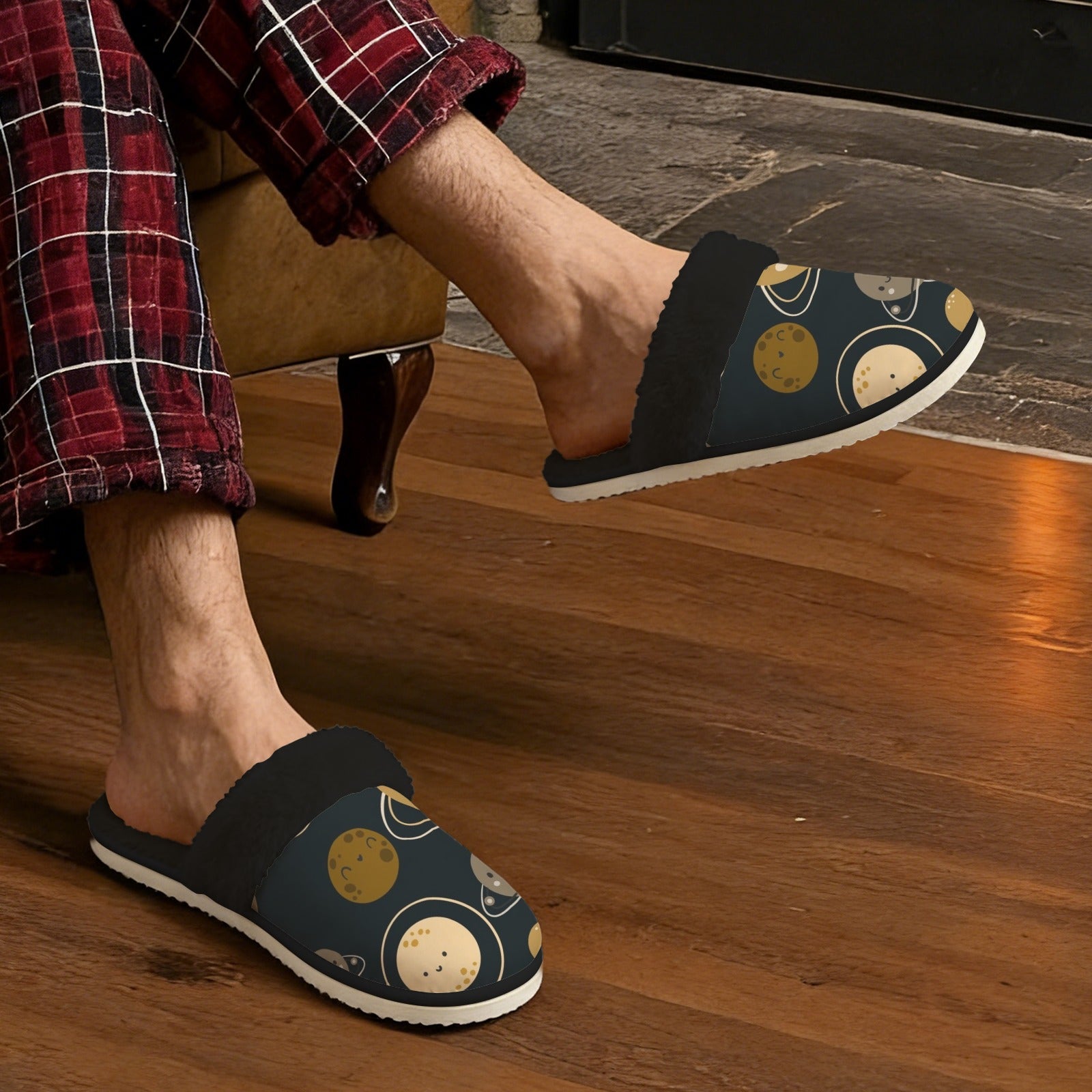 Planets Men's Fur Trim Thick-Sole Indoor Slippers Men's Fur Trimmed Slippers Printed Offshore Space