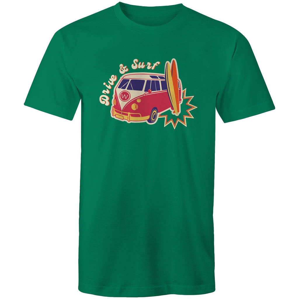 Drive And Surf - Mens T-Shirt Kelly Green Mens T-shirt Printed In Australia Summer Surf