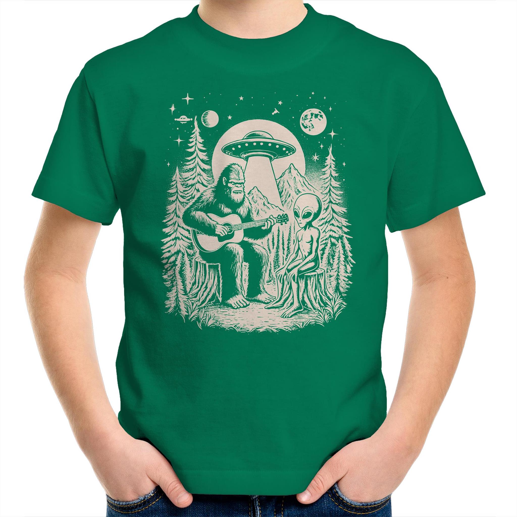 Alien And Bigfoot Playing Guitar - Kids Youth T-shirt Kelly Green Kids Youth T-shirt Music Printed In Australia Sci Fi