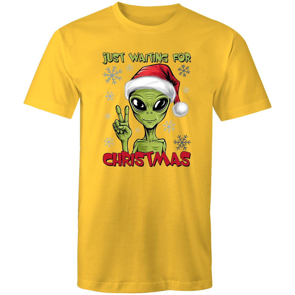 Just Waiting For Christmas, Alien - Mens T-Shirt Yellow Mens Christmas T-shirt Christmas Printed In Australia