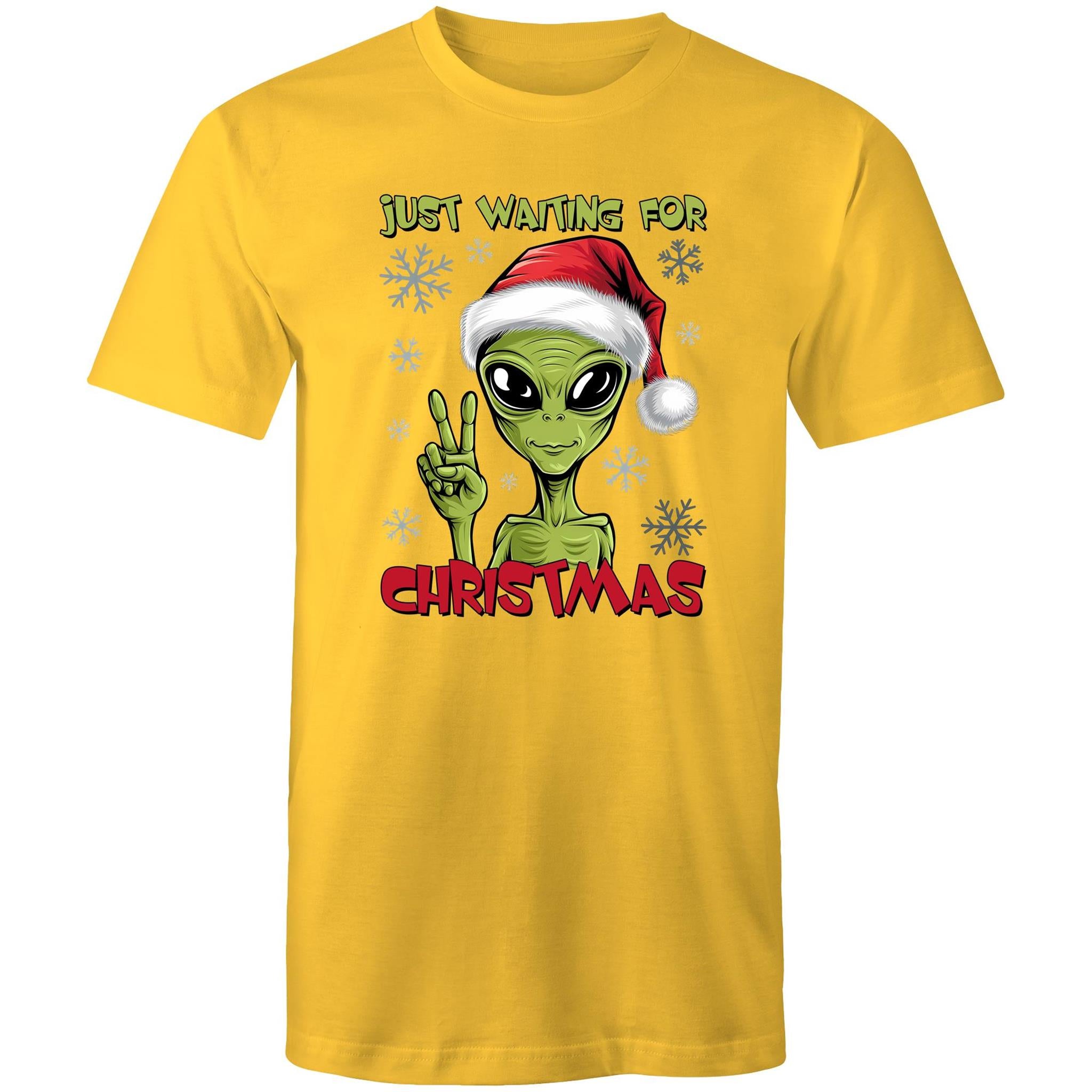 Just Waiting For Christmas, Alien - Mens T-Shirt Yellow Mens Christmas T-shirt Christmas Printed In Australia