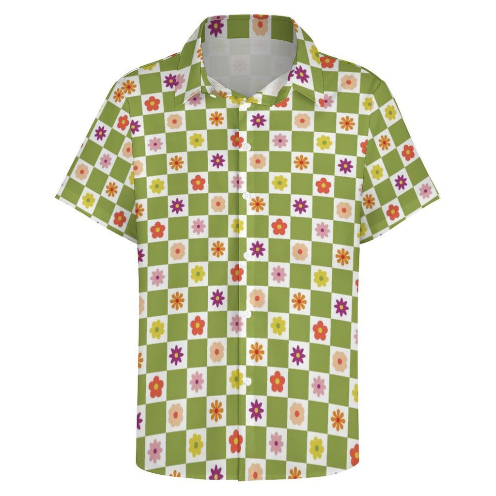 Flower Check Women's Collared Pocketless Short Sleeve Shirt
