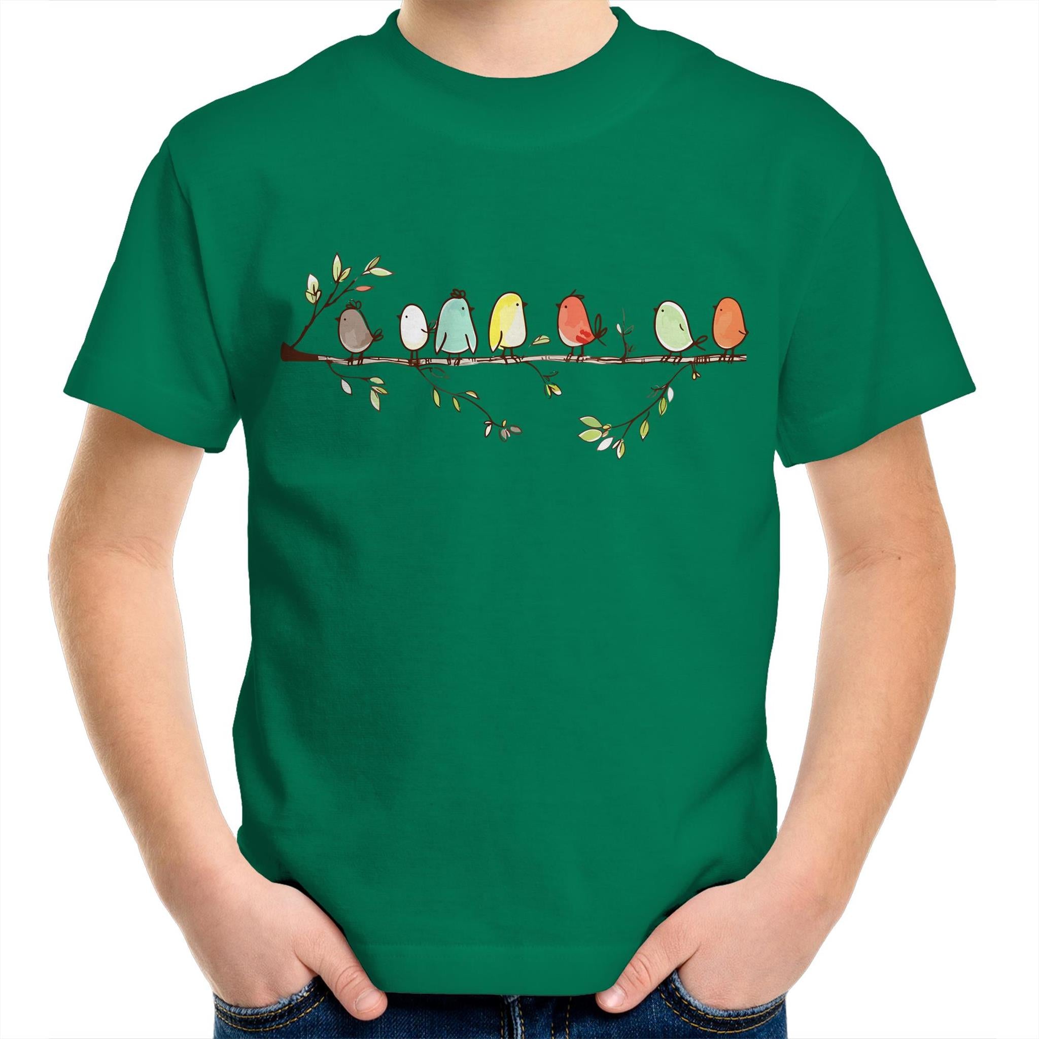 Birds On A Branch - Kids Youth T-Shirt Kelly Green Kids Youth T-shirt animal Printed In Australia