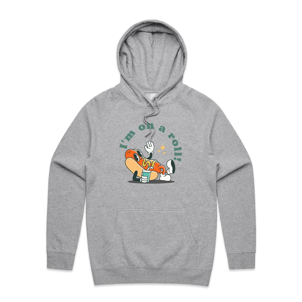 Hotdog, I'm On A Roll - Mens Hoodie Grey Marle Mens Hoodie Food Printed In Australia