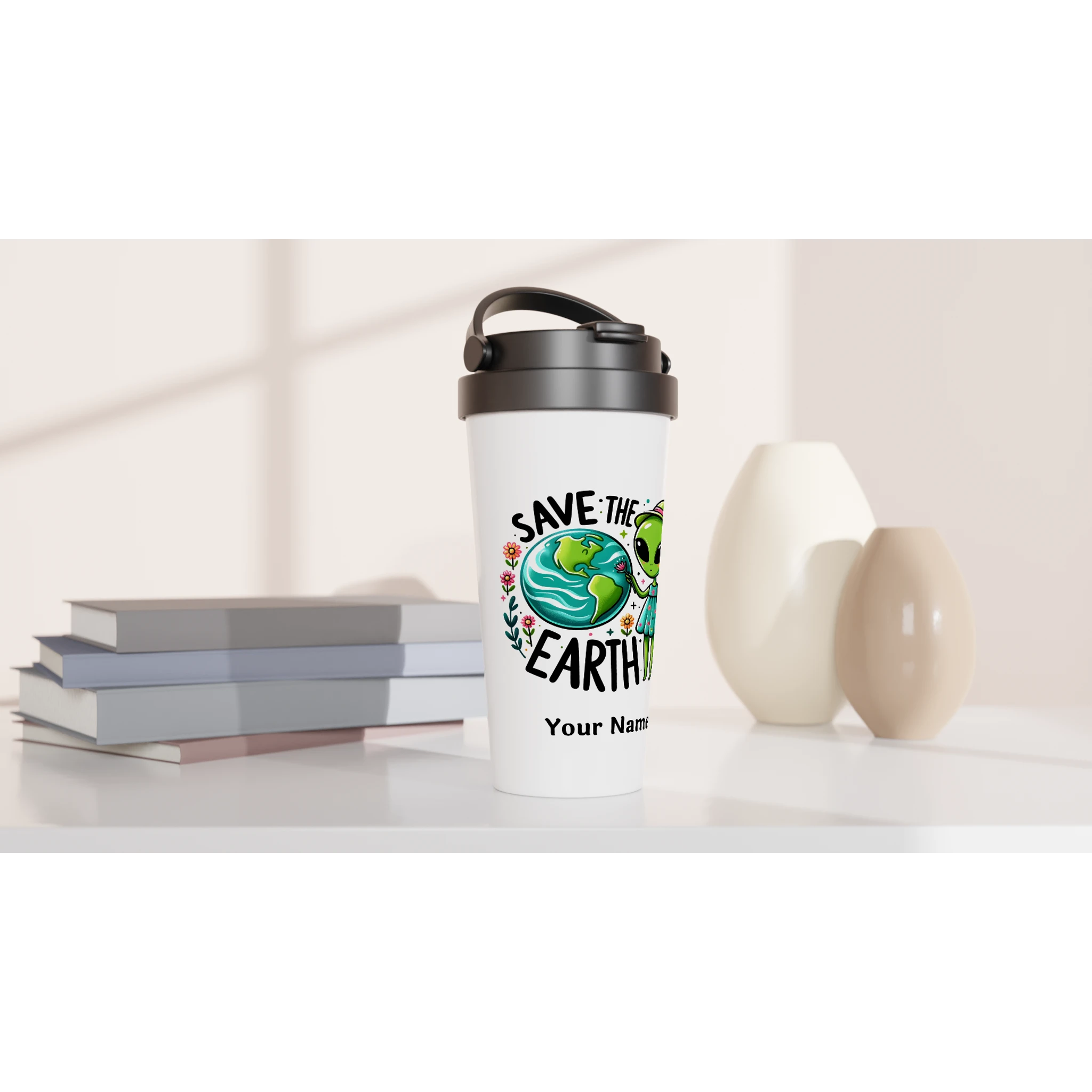 Personalised - Save The Earth, Alien - White 15oz Stainless Steel Travel Mug Personalised Travel Mug customise Environment Globally Fulfilled personalise Sci Fi