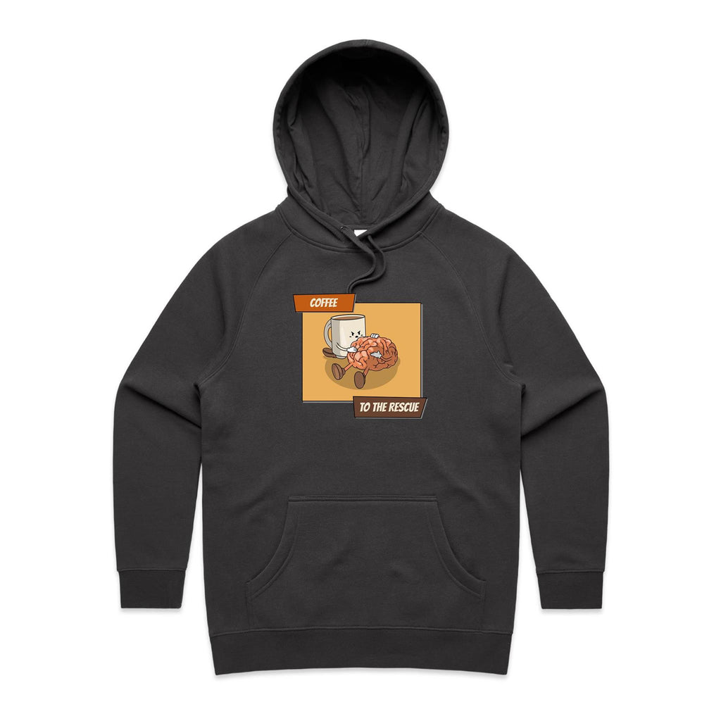 Coffee To The Rescue - Womens Hoodie Coal Womens Hoodie Coffee Printed In Australia