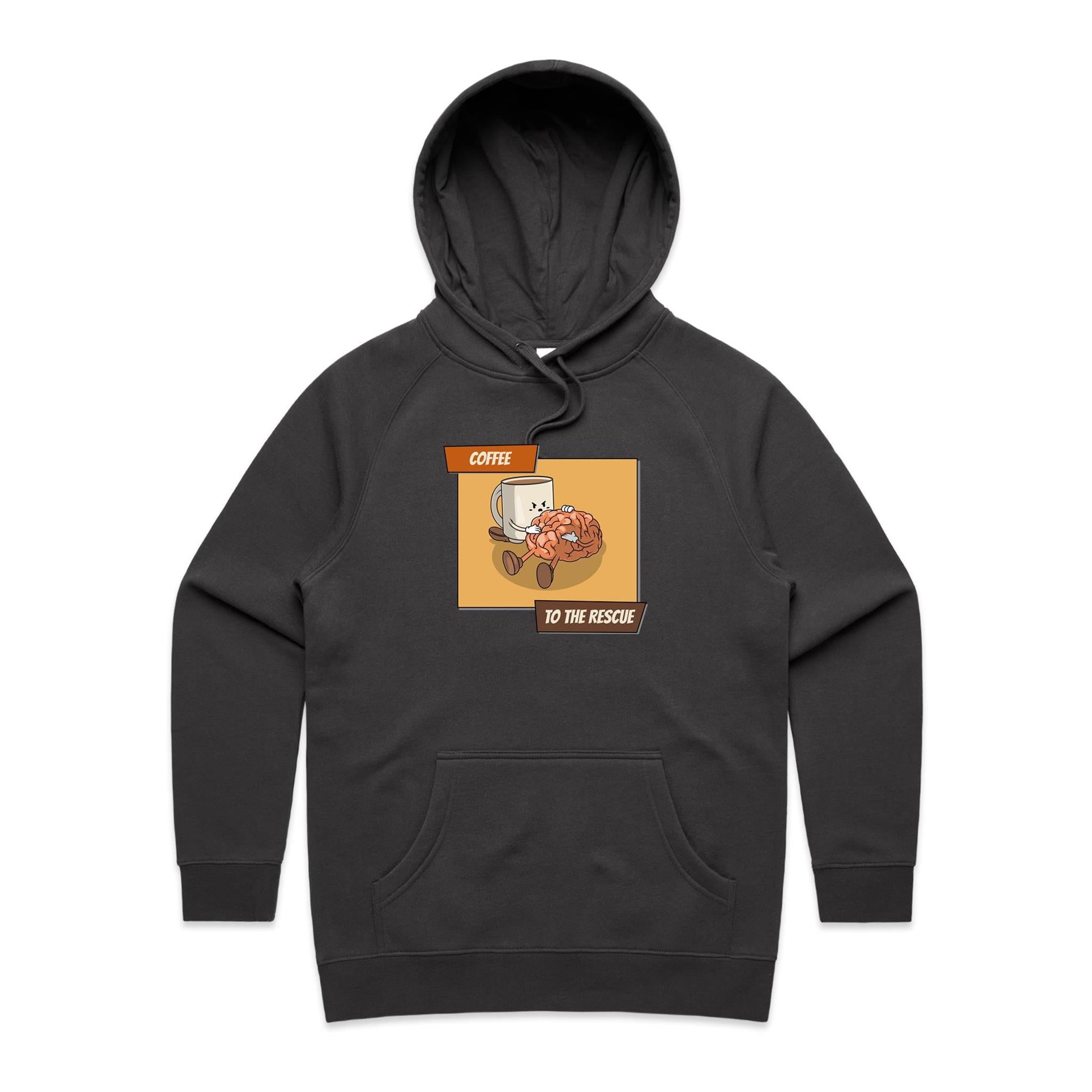 Coffee To The Rescue - Womens Hoodie Coal Womens Hoodie Coffee Printed In Australia