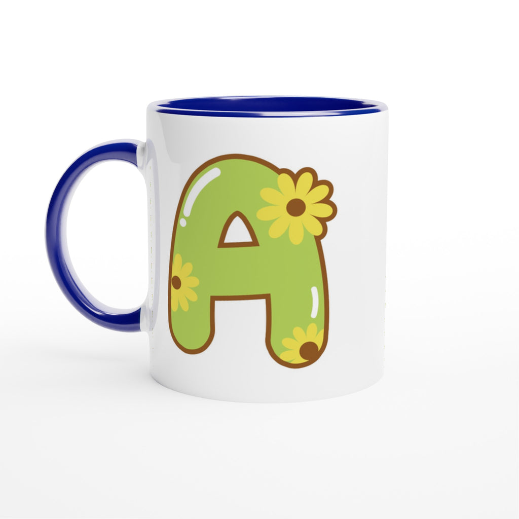 Personalised Initial With Flowers White 11oz Ceramic Mug with Color Inside Ceramic Blue Personalised 11oz Mug customise Globally Fulfilled Name personalise