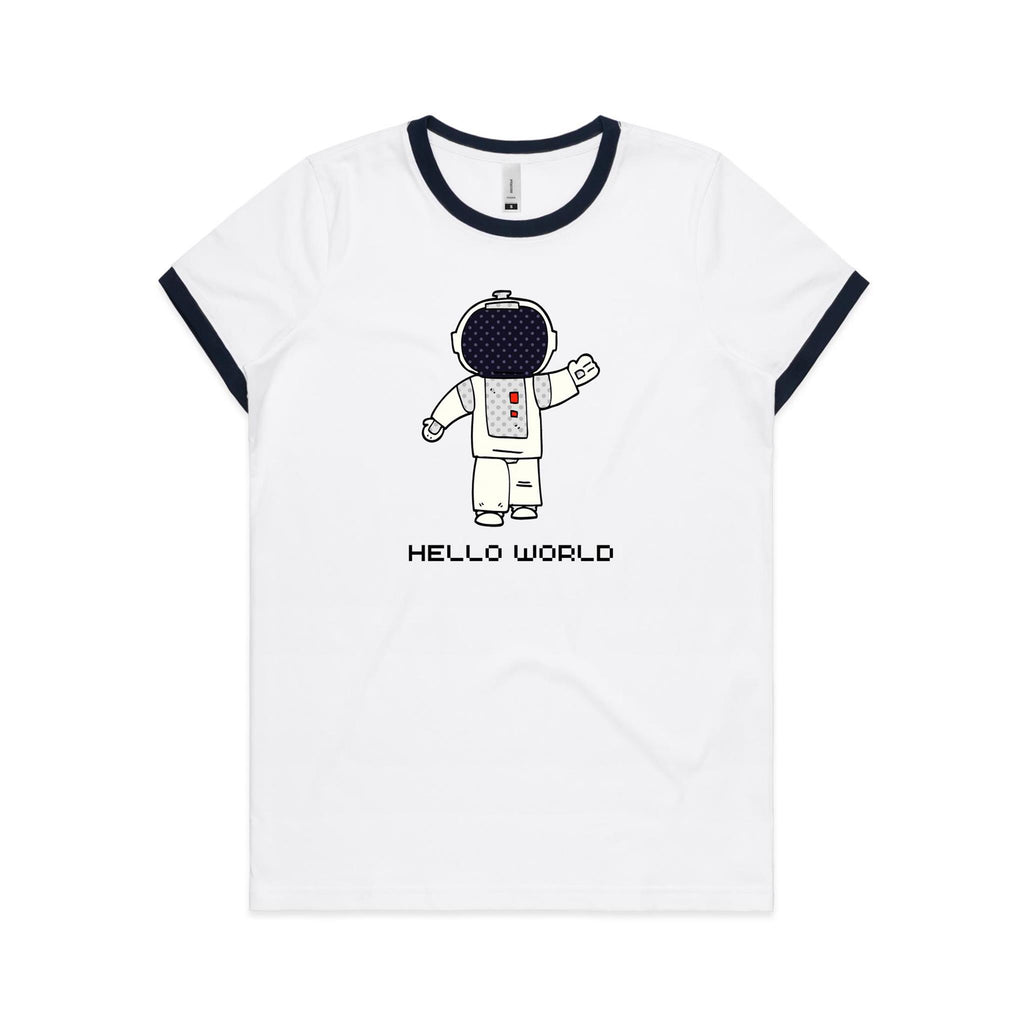 Astronaut, Hello World - Women's Ringer Tee White Navy Womens Ringer T-shirt Printed In Australia Space