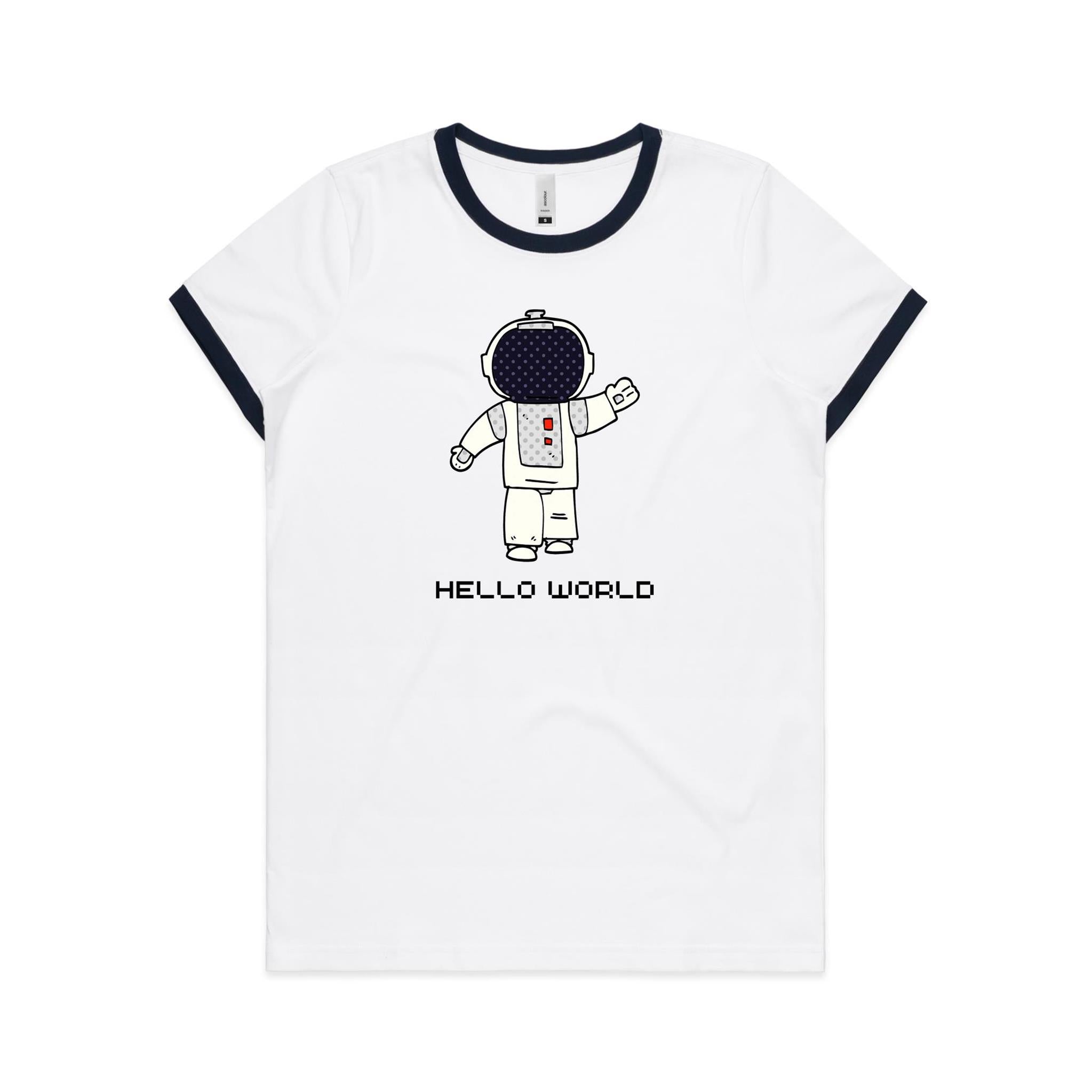 Astronaut, Hello World - Women's Ringer Tee White Navy Womens Ringer T-shirt Printed In Australia Space