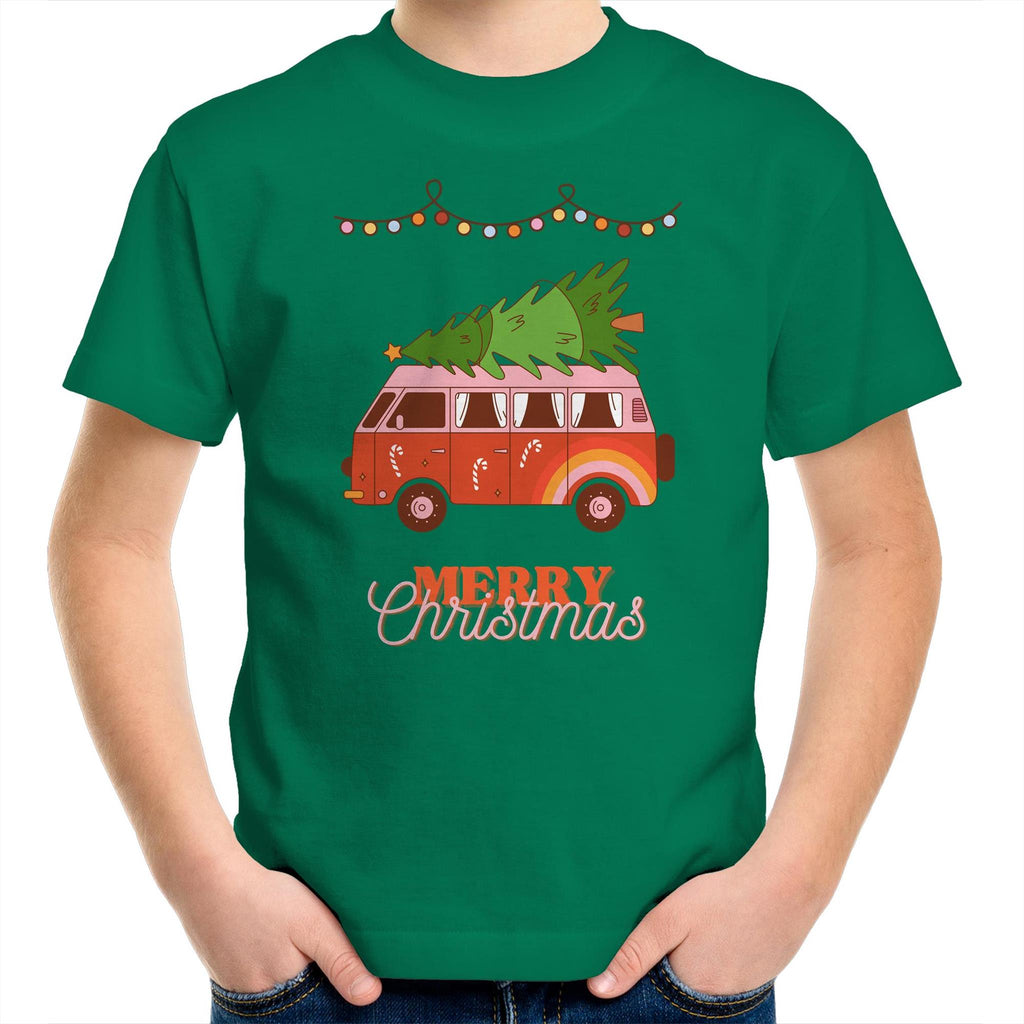 Merry Christmas Hippy Van - Kids Youth T-Shirt Kelly Green Kids Christmas T-shirt Christmas Printed In Australia