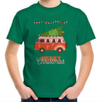 Merry Christmas Hippy Van - Kids Youth T-Shirt Kelly Green Kids Christmas T-shirt Christmas Printed In Australia