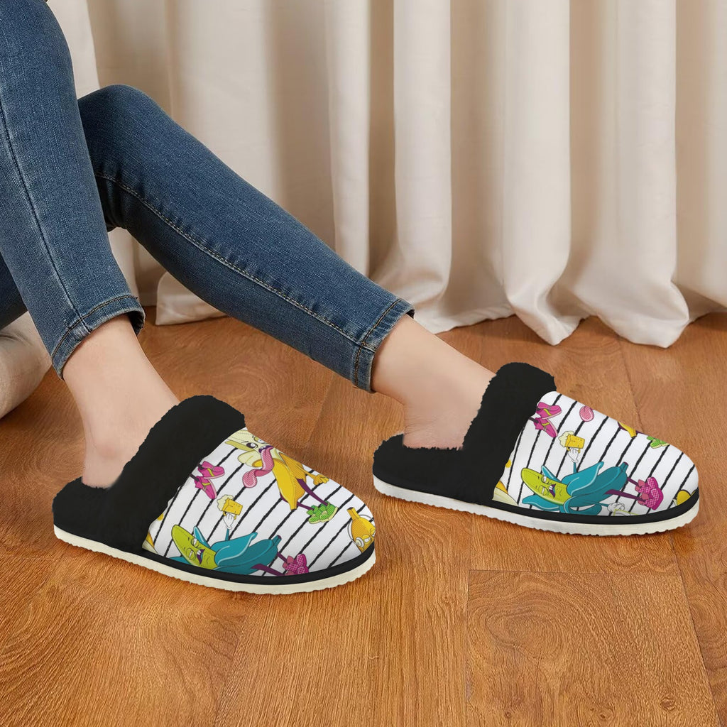 Ugly Bananas Women's Fur Trim Thick-Sole Indoor Slippers Women's Fur Trimmed Slippers Food Printed Offshore
