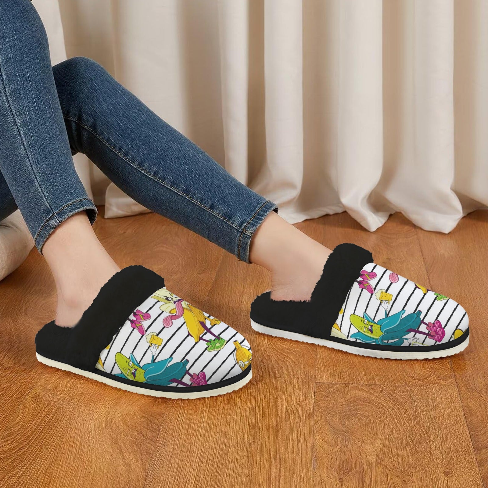 Ugly Bananas Women's Fur Trim Thick-Sole Indoor Slippers Women's Fur Trimmed Slippers Food Printed Offshore