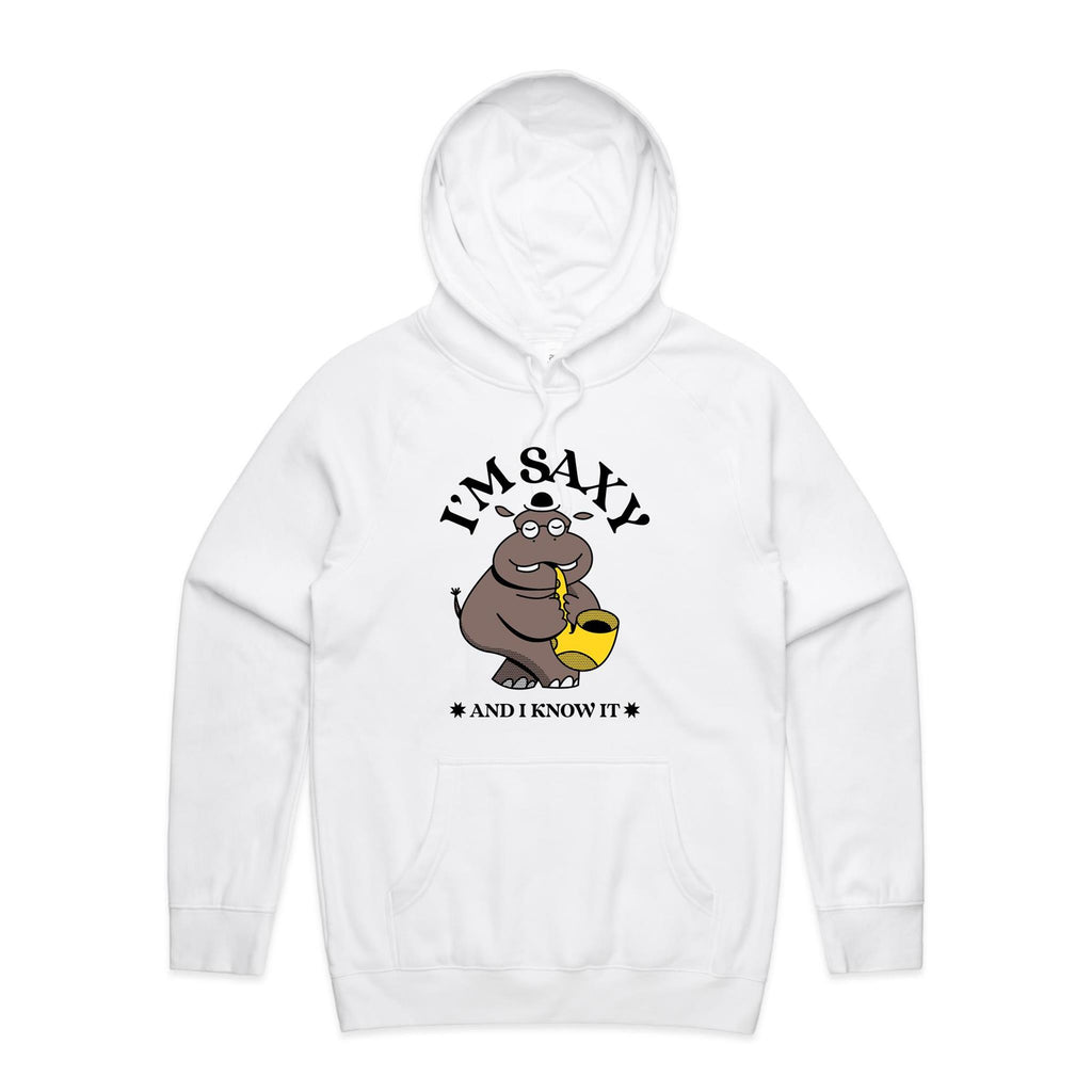 I'm Saxy And I Know It, Hippo Saxophone Player - Mens Hoodie White Mens Hoodie animal Music Printed In Australia